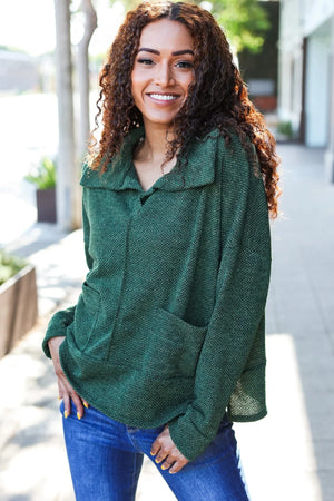 Easy Living Olive Textured Knit Notch Neck Oversized Collar Sweater - Coeur de la Mode