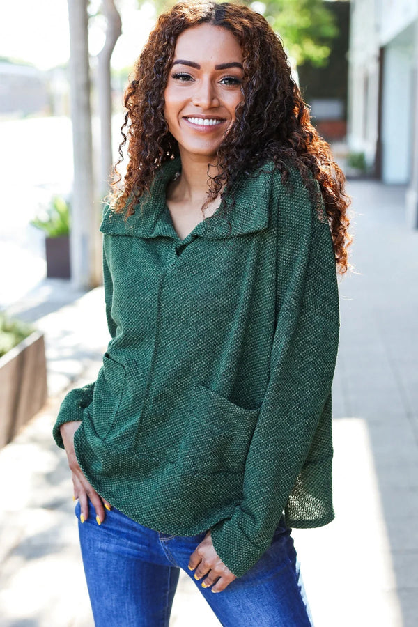 Easy Living Olive Textured Knit Notch Neck Oversized Collar Sweater - Coeur de la Mode