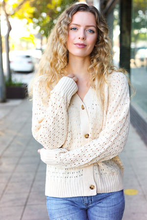 Follow Me Oatmeal Pointelle Knit Button Down Cardigan - Coeur de la Mode
