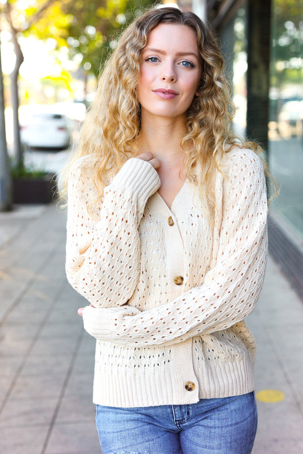 Follow Me Oatmeal Pointelle Knit Button Down Cardigan - Coeur de la Mode