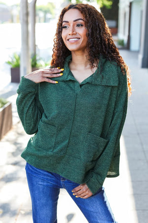 Easy Living Olive Textured Knit Notch Neck Oversized Collar Sweater - Coeur de la Mode