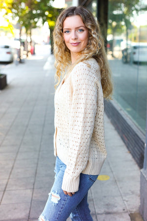 Follow Me Oatmeal Pointelle Knit Button Down Cardigan - Coeur de la Mode