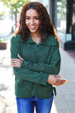 Easy Living Olive Textured Knit Notch Neck Oversized Collar Sweater - Coeur de la Mode