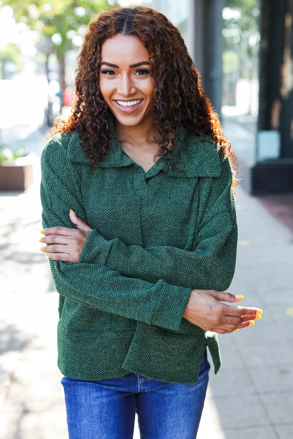 Easy Living Olive Textured Knit Notch Neck Oversized Collar Sweater - Coeur de la Mode