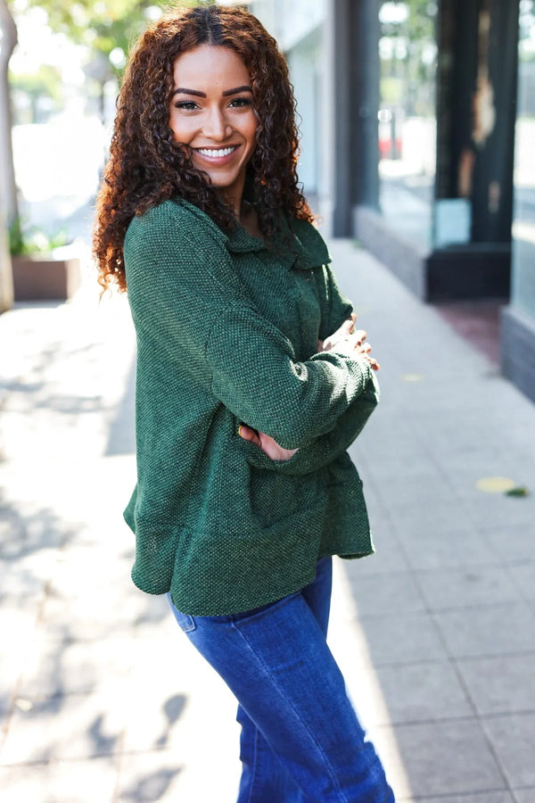 Easy Living Olive Textured Knit Notch Neck Oversized Collar Sweater - Coeur de la Mode
