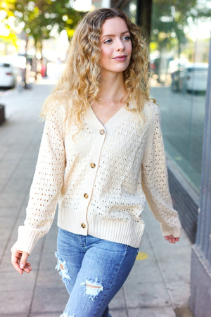Follow Me Oatmeal Pointelle Knit Button Down Cardigan - Coeur de la Mode