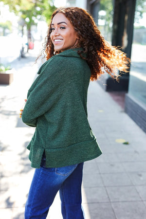 Easy Living Olive Textured Knit Notch Neck Oversized Collar Sweater - Coeur de la Mode