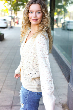 Follow Me Oatmeal Pointelle Knit Button Down Cardigan - Coeur de la Mode