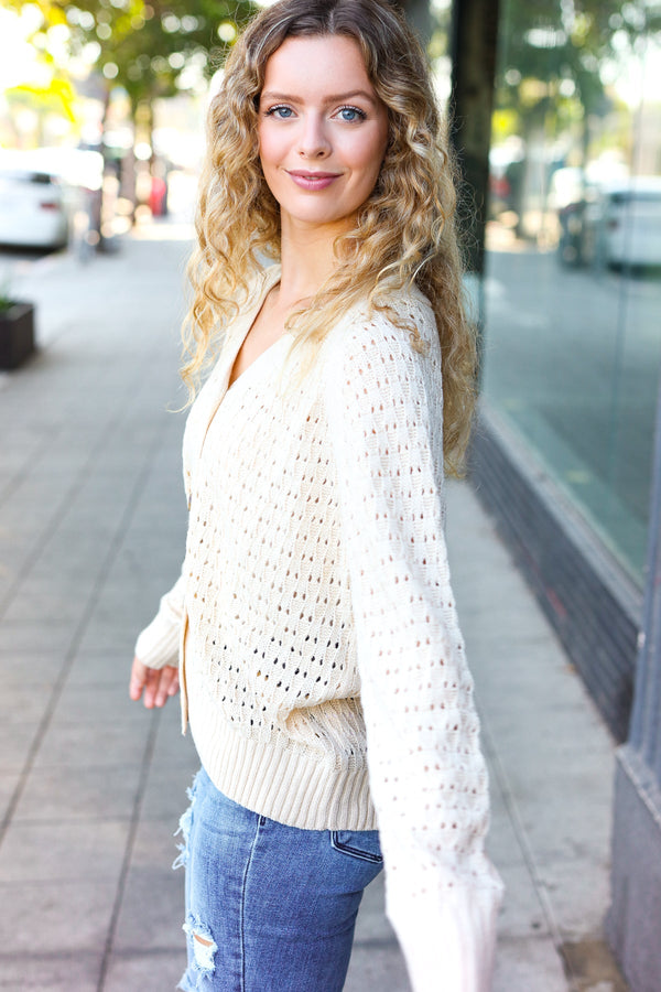 Follow Me Oatmeal Pointelle Knit Button Down Cardigan - Coeur de la Mode