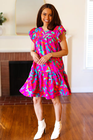 You Got This Purple Abstract Floral Print Tiered Ruffle Sleeve Dress - Coeur de la Mode