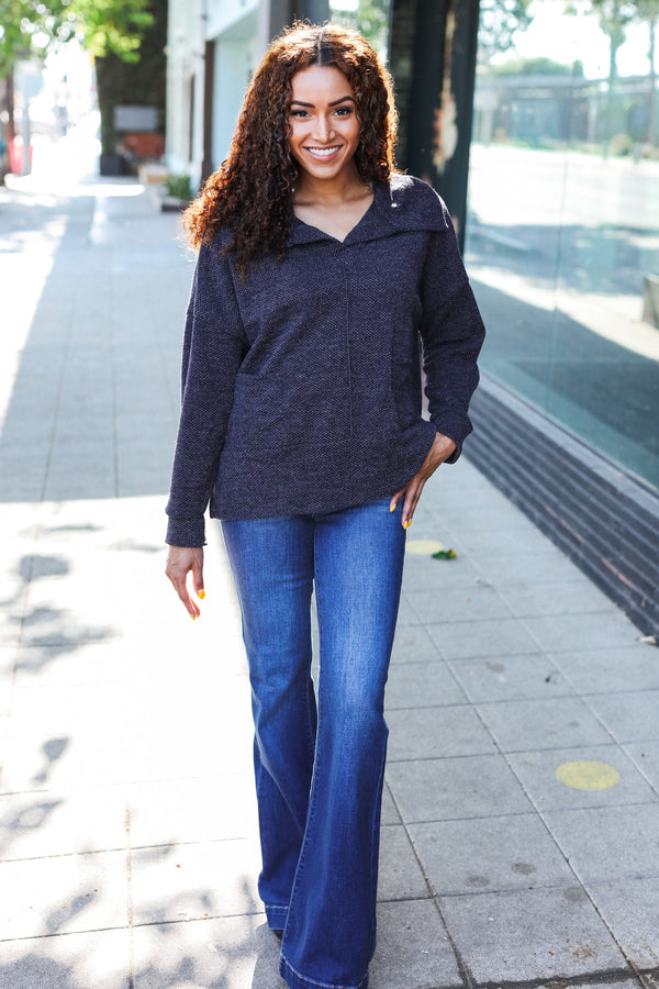 Easy Living Charcoal Textured Knit Notch Neck Oversized Collar Sweater - Coeur de la Mode