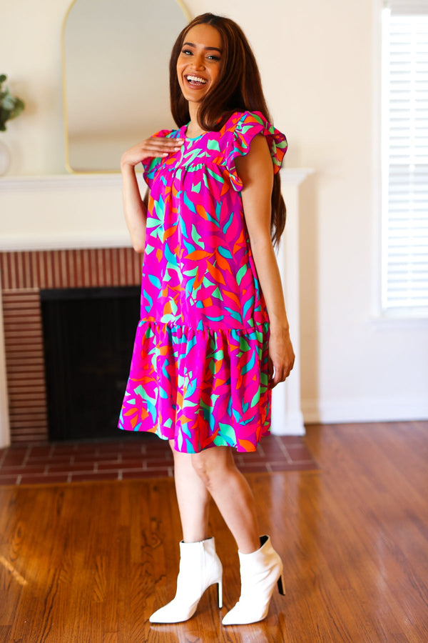 You Got This Purple Abstract Floral Print Tiered Ruffle Sleeve Dress - Coeur de la Mode