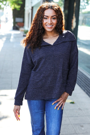 Easy Living Charcoal Textured Knit Notch Neck Oversized Collar Sweater - Coeur de la Mode