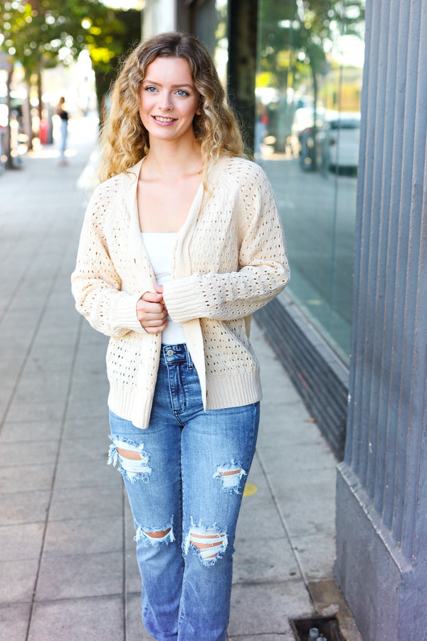 Follow Me Oatmeal Pointelle Knit Button Down Cardigan - Coeur de la Mode