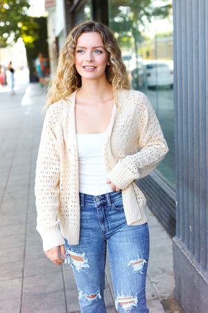 Follow Me Oatmeal Pointelle Knit Button Down Cardigan - Coeur de la Mode