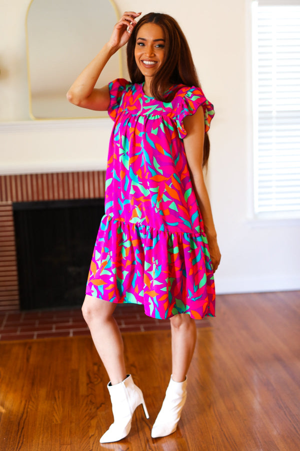 You Got This Purple Abstract Floral Print Tiered Ruffle Sleeve Dress - Coeur de la Mode