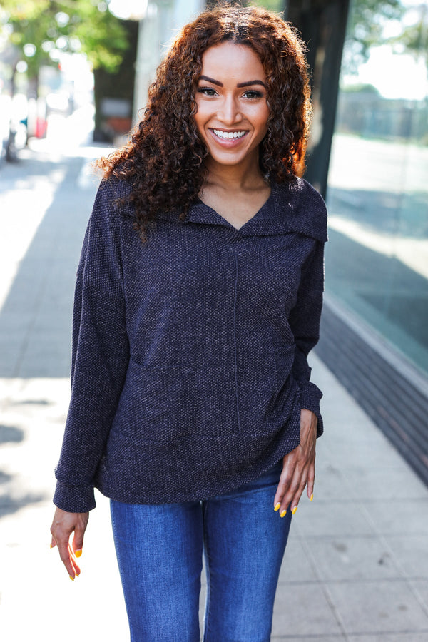 Easy Living Charcoal Textured Knit Notch Neck Oversized Collar Sweater - Coeur de la Mode