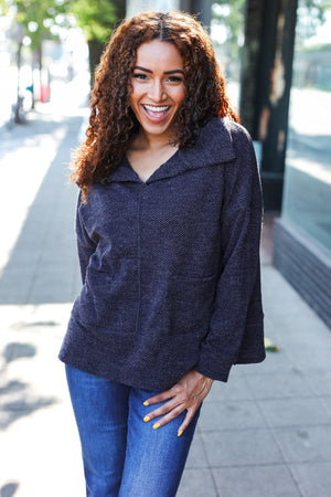 Easy Living Charcoal Textured Knit Notch Neck Oversized Collar Sweater - Coeur de la Mode