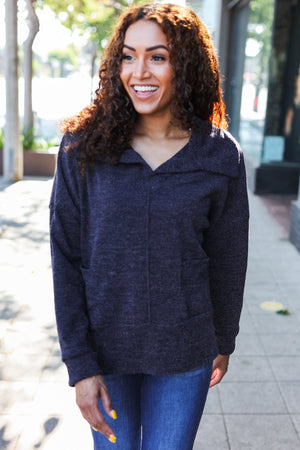 Easy Living Charcoal Textured Knit Notch Neck Oversized Collar Sweater - Coeur de la Mode