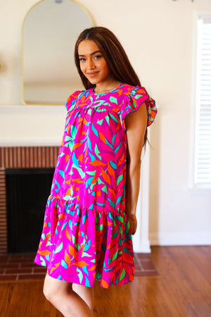 You Got This Purple Abstract Floral Print Tiered Ruffle Sleeve Dress - Coeur de la Mode