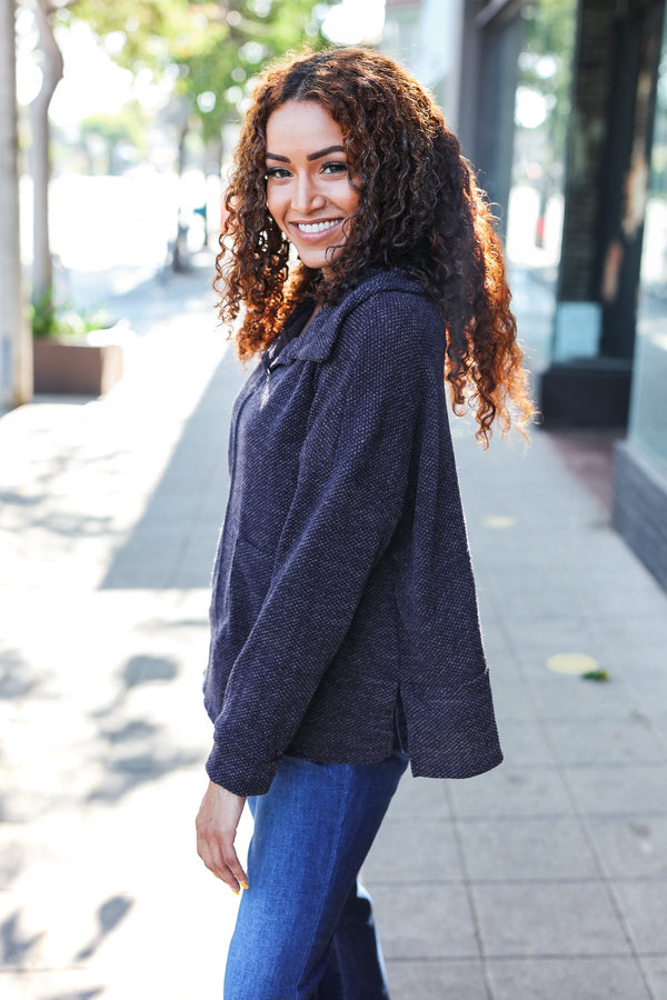 Easy Living Charcoal Textured Knit Notch Neck Oversized Collar Sweater - Coeur de la Mode