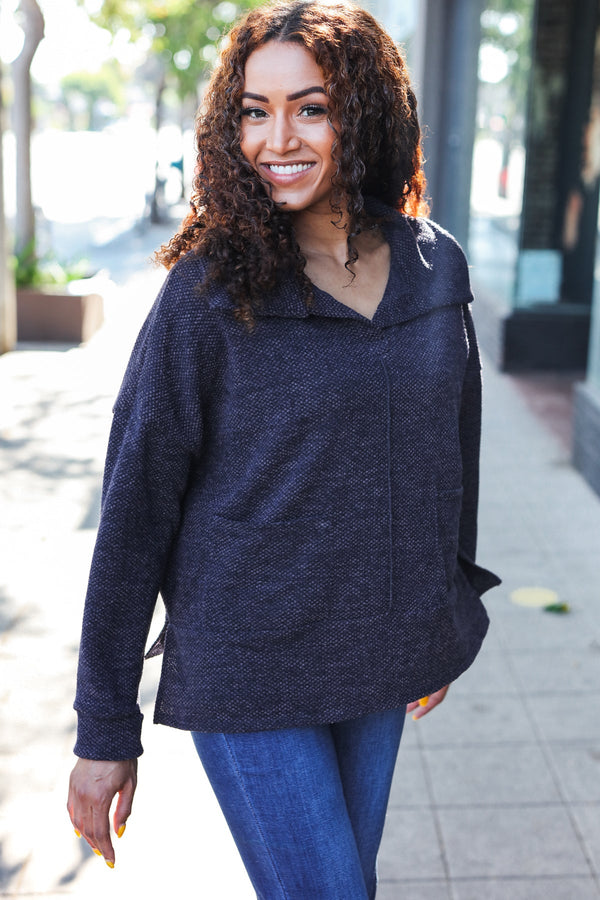 Easy Living Charcoal Textured Knit Notch Neck Oversized Collar Sweater - Coeur de la Mode