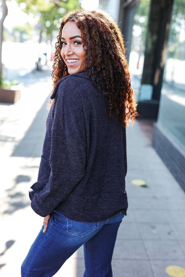 Easy Living Charcoal Textured Knit Notch Neck Oversized Collar Sweater - Coeur de la Mode