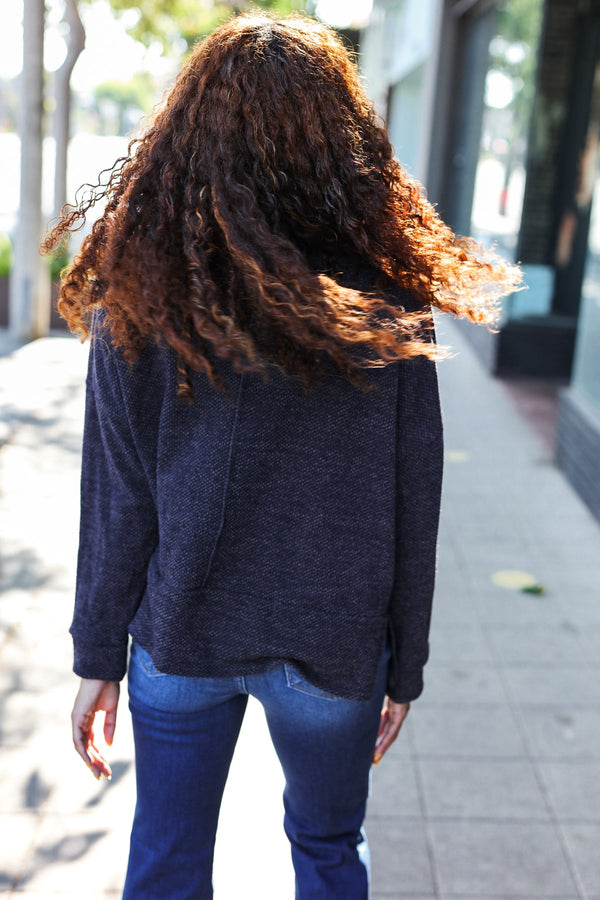 Easy Living Charcoal Textured Knit Notch Neck Oversized Collar Sweater - Coeur de la Mode