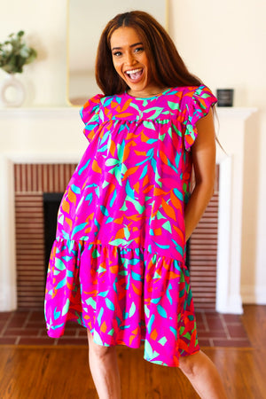 You Got This Purple Abstract Floral Print Tiered Ruffle Sleeve Dress - Coeur de la Mode