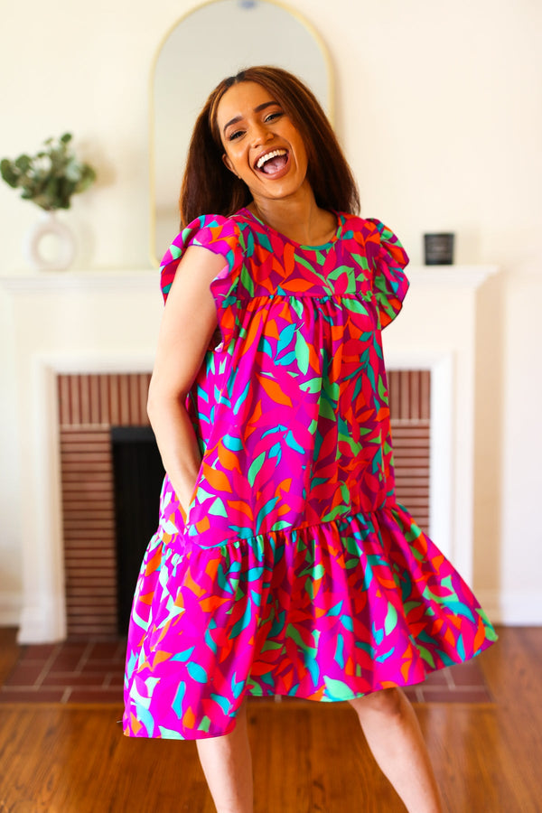 You Got This Purple Abstract Floral Print Tiered Ruffle Sleeve Dress - Coeur de la Mode