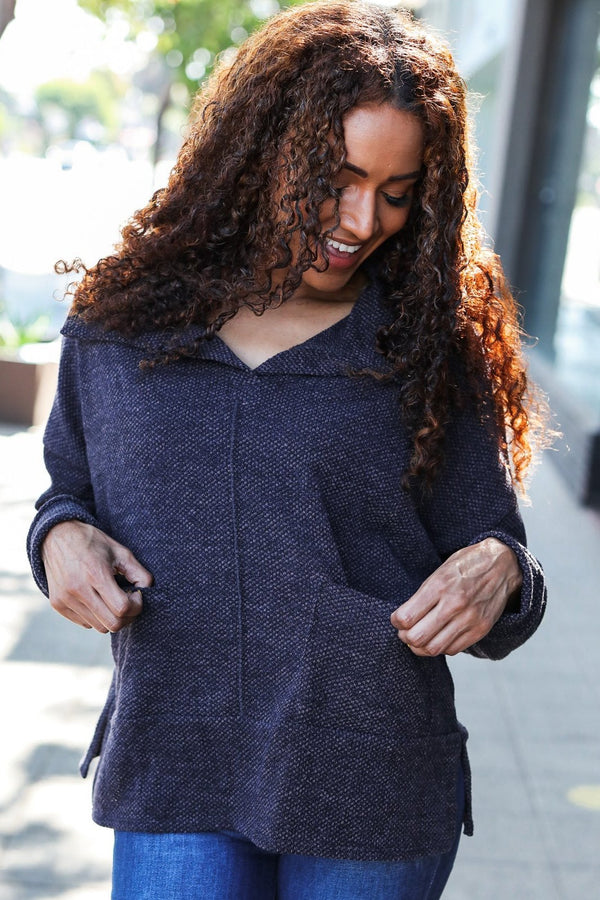 Easy Living Charcoal Textured Knit Notch Neck Oversized Collar Sweater - Coeur de la Mode