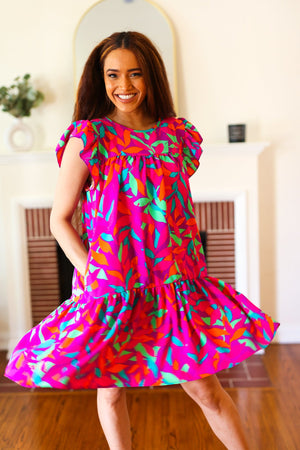 You Got This Purple Abstract Floral Print Tiered Ruffle Sleeve Dress - Coeur de la Mode