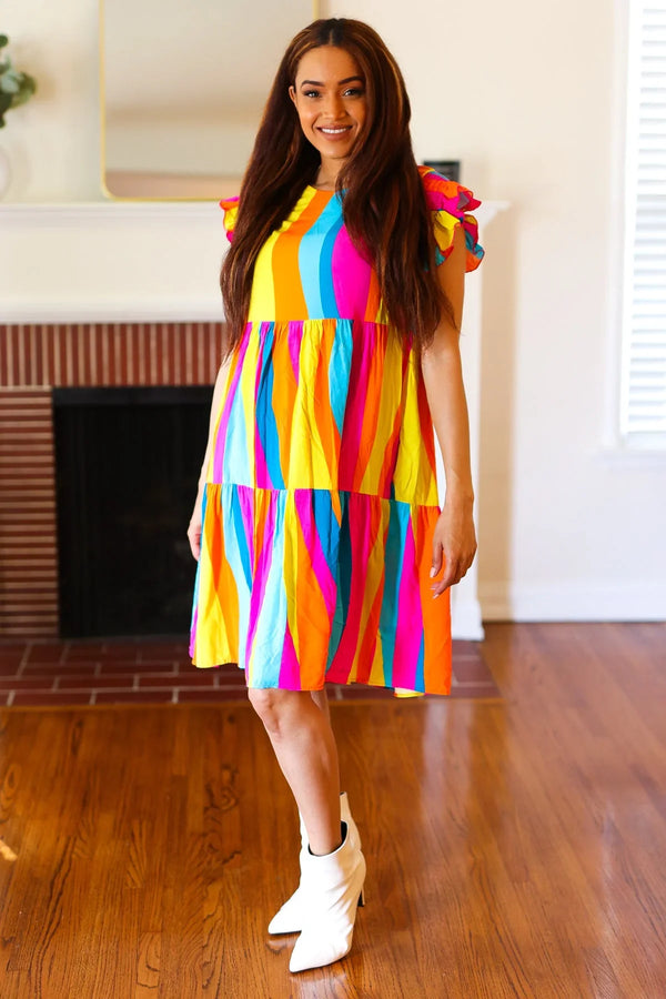Eyes On You Multicolor Abstract Print Smocked Ruffle Sleeve Dress - Coeur de la Mode