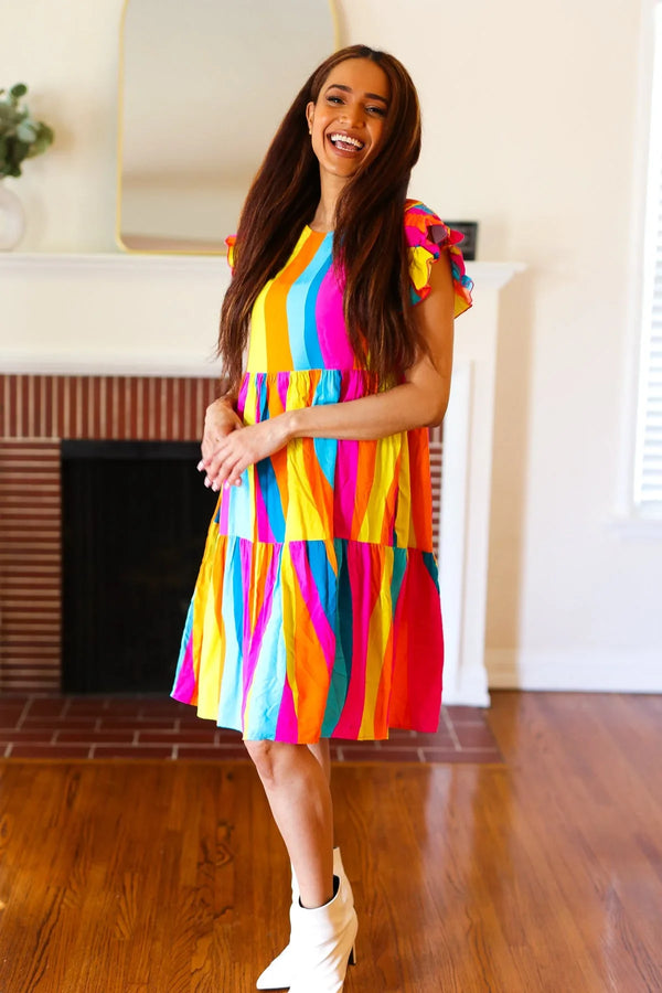 Eyes On You Multicolor Abstract Print Smocked Ruffle Sleeve Dress - Coeur de la Mode
