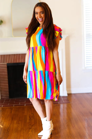 Eyes On You Multicolor Abstract Print Smocked Ruffle Sleeve Dress - Coeur de la Mode