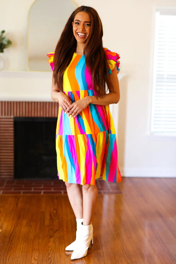 Eyes On You Multicolor Abstract Print Smocked Ruffle Sleeve Dress - Coeur de la Mode