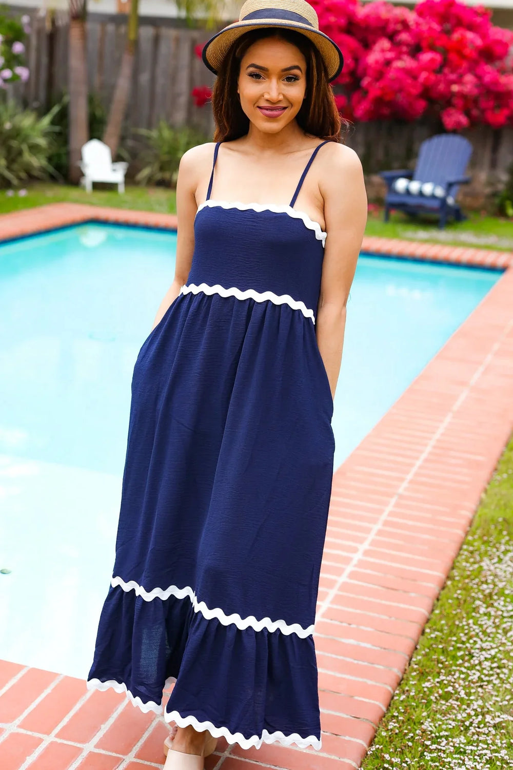 Bold & Sassy Navy Square Neck Ric Rac Trim Adjustable Straps Maxi - Coeur de la Mode
