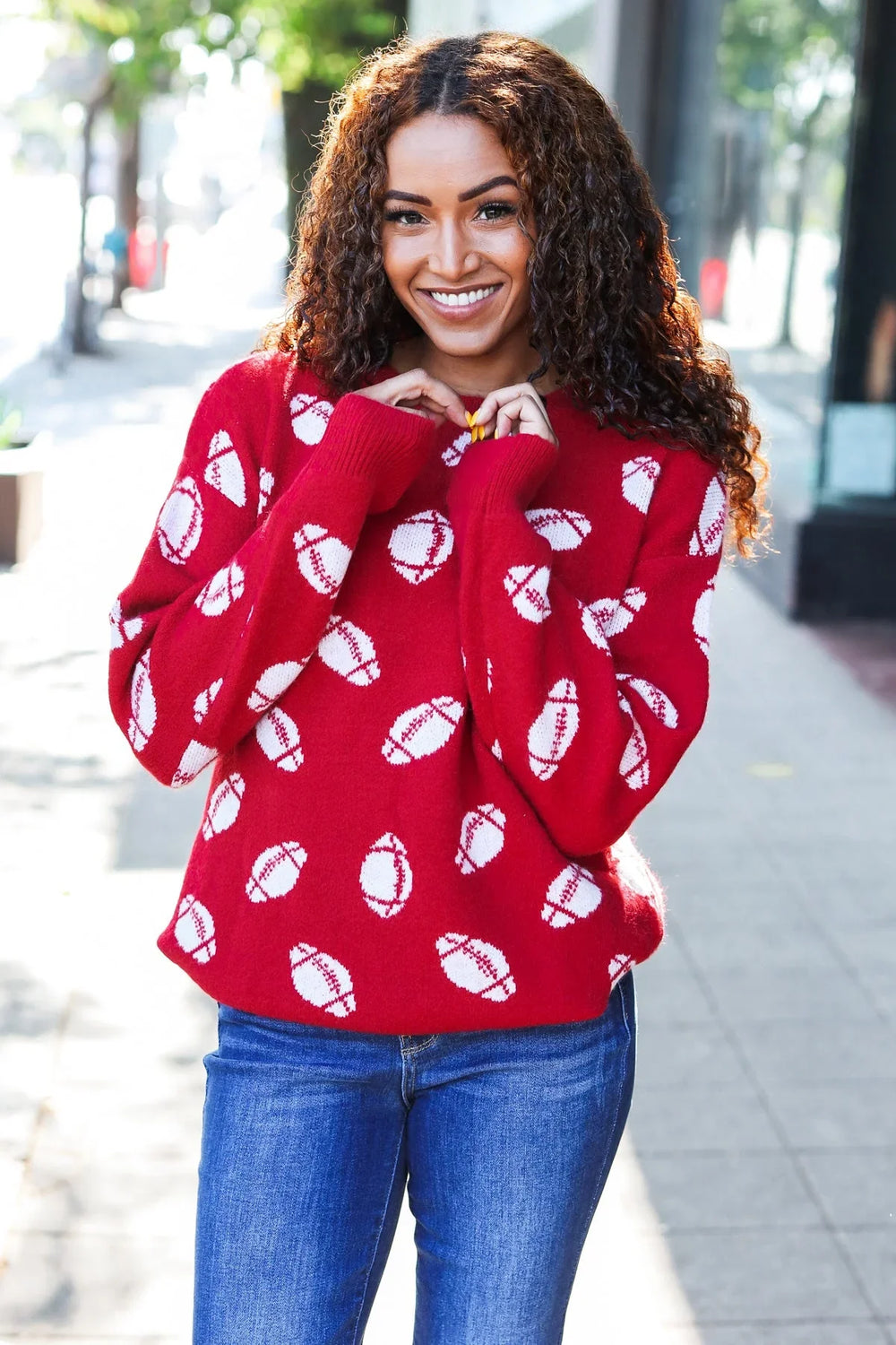 Game Day Red Football Print Jacquard Knit Sweater - Coeur de la Mode