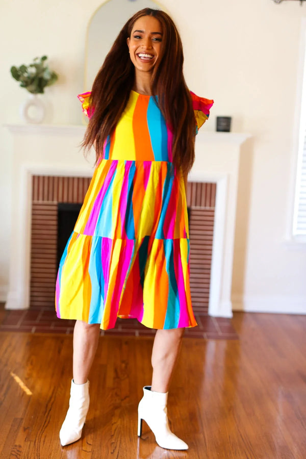 Eyes On You Multicolor Abstract Print Smocked Ruffle Sleeve Dress - Coeur de la Mode