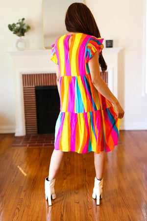 Eyes On You Multicolor Abstract Print Smocked Ruffle Sleeve Dress - Coeur de la Mode