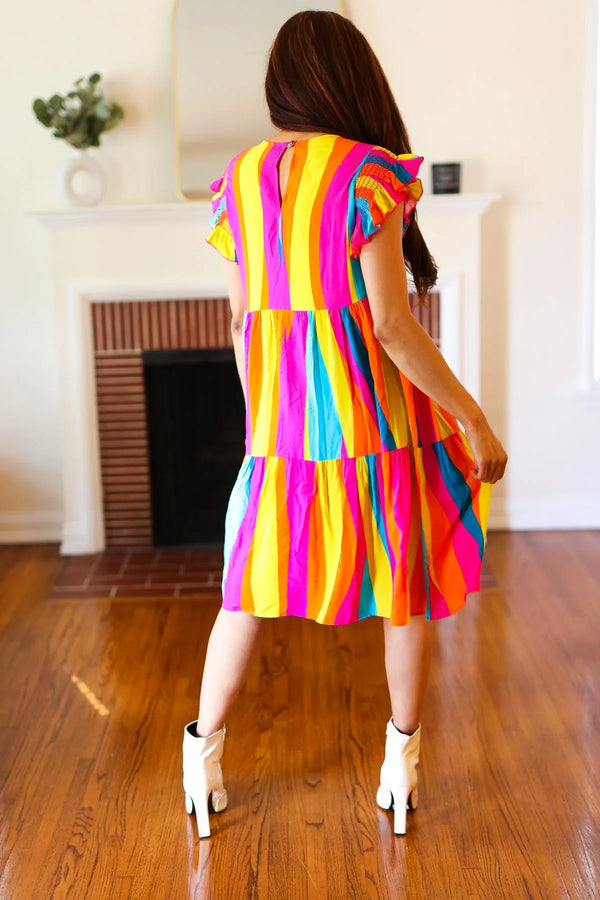 Eyes On You Multicolor Abstract Print Smocked Ruffle Sleeve Dress - Coeur de la Mode