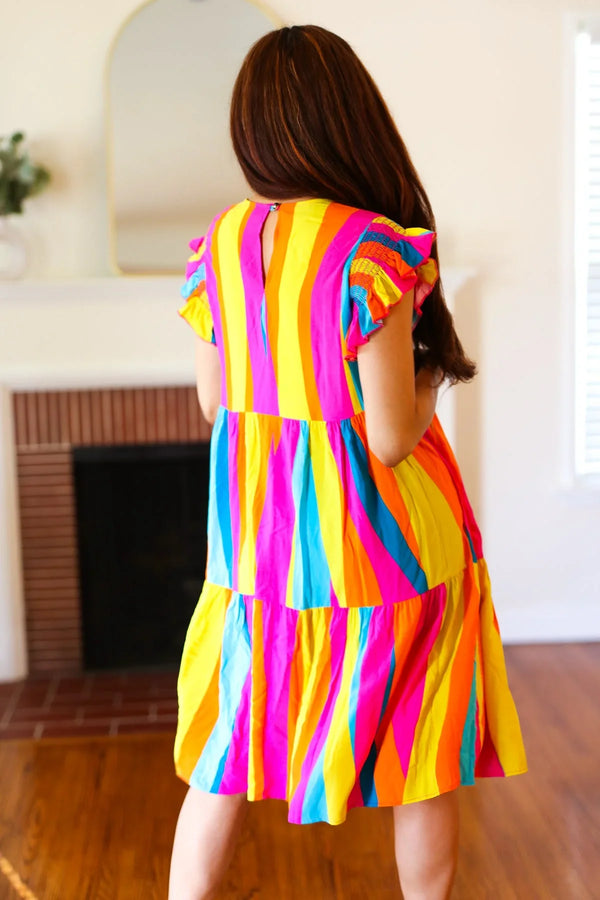 Eyes On You Multicolor Abstract Print Smocked Ruffle Sleeve Dress - Coeur de la Mode