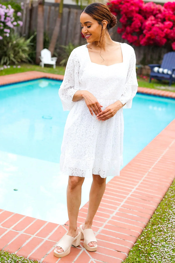 Diva Dreams White Accordion Pleated Lace Square Neck Dress - Coeur de la Mode