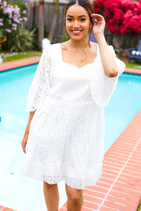 Diva Dreams White Accordion Pleated Lace Square Neck Dress - Coeur de la Mode
