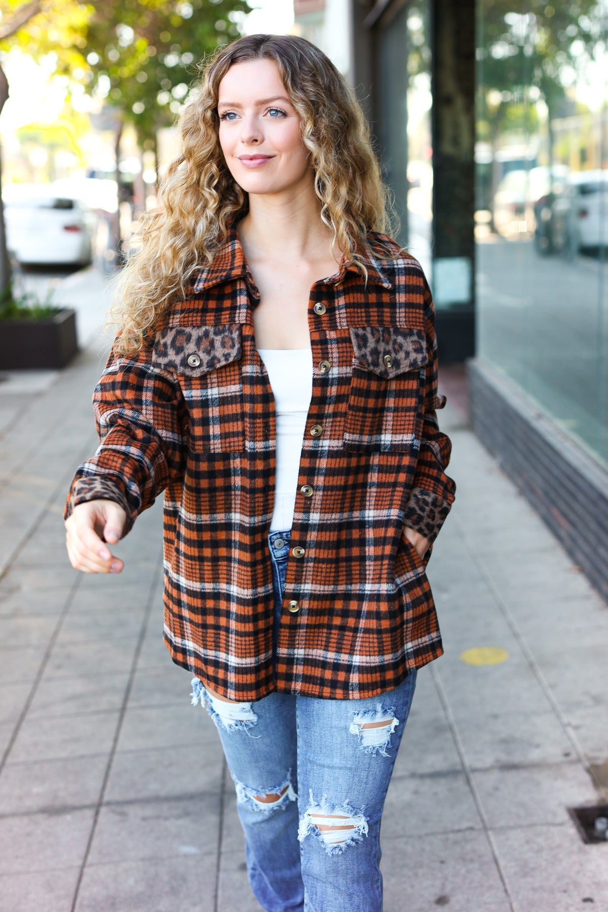 Put Together Rust Plaid & Animal Print Button Down Jacket