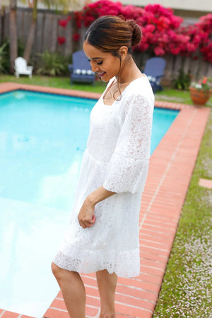 Diva Dreams White Accordion Pleated Lace Square Neck Dress - Coeur de la Mode