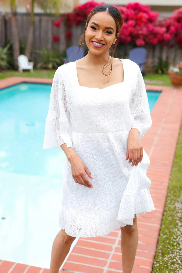 Diva Dreams White Accordion Pleated Lace Square Neck Dress - Coeur de la Mode