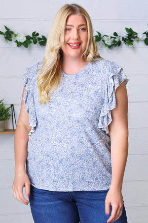 Washed Blue Floral Tiered Flutter Sleeve Top - Coeur de la Mode