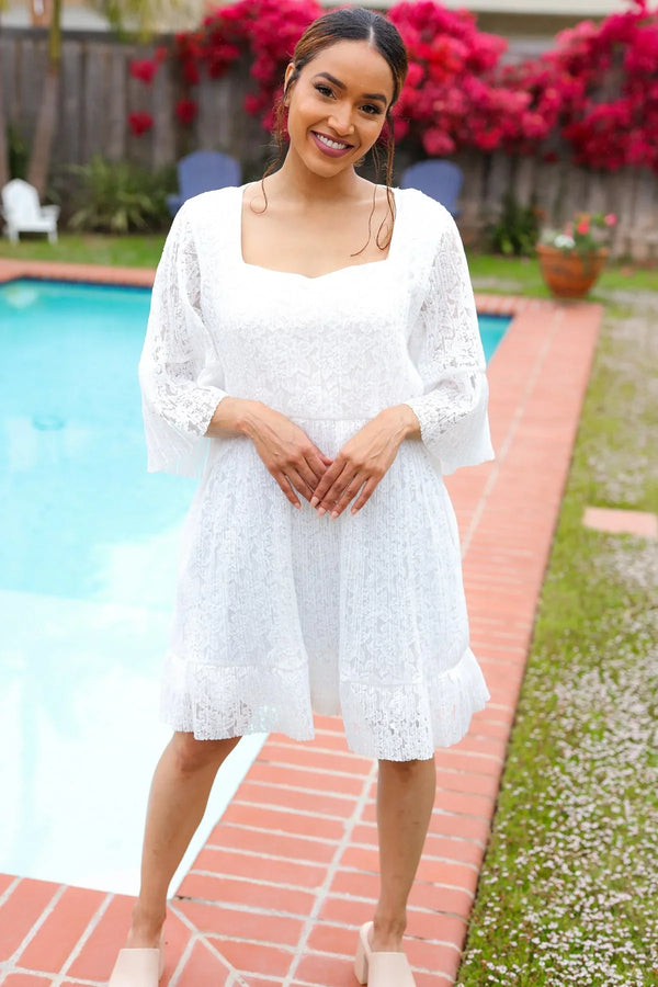 Diva Dreams White Accordion Pleated Lace Square Neck Dress - Coeur de la Mode
