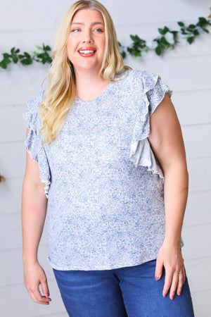 Washed Blue Floral Tiered Flutter Sleeve Top - Coeur de la Mode